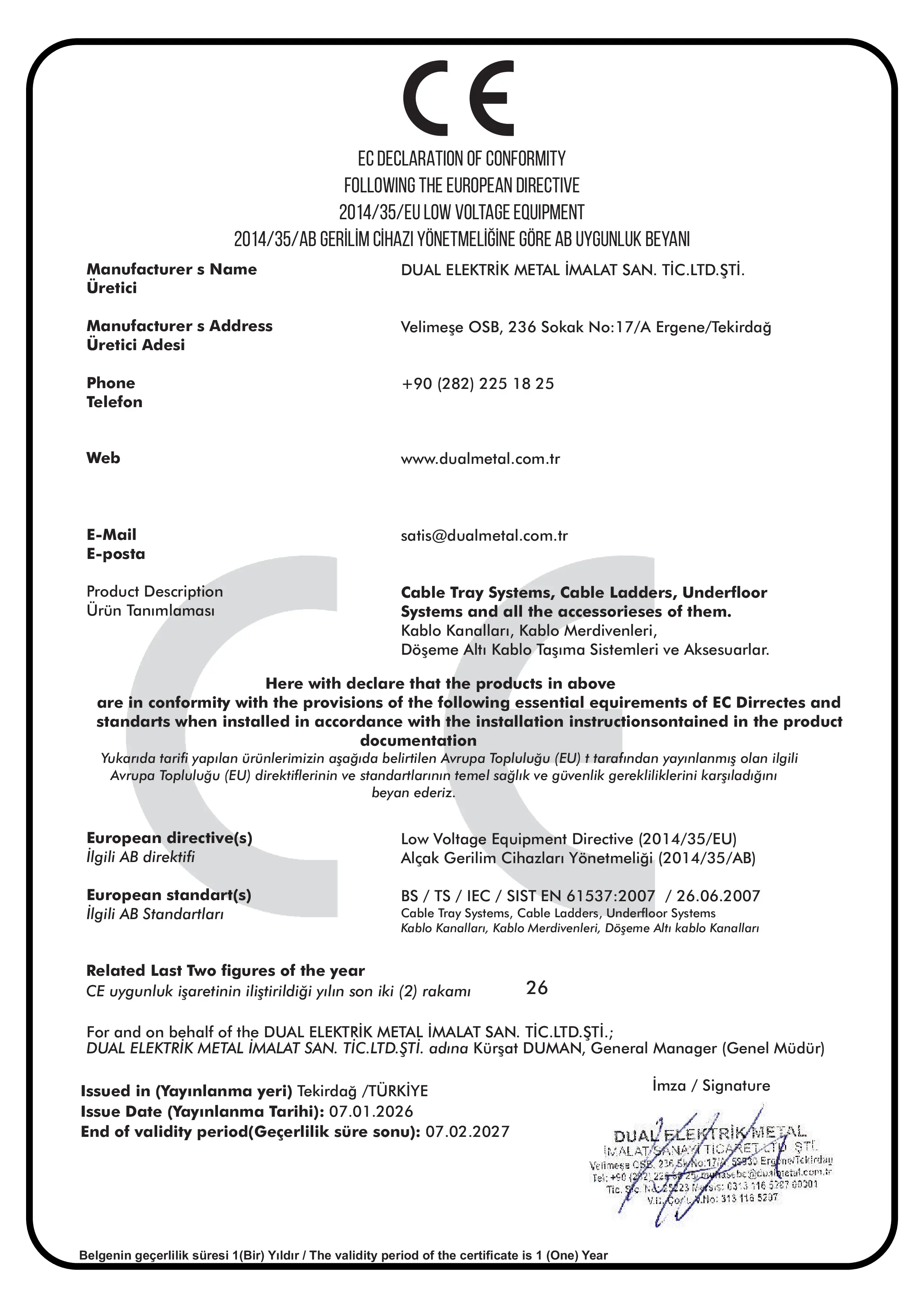 Dual Metal CE Sertifika