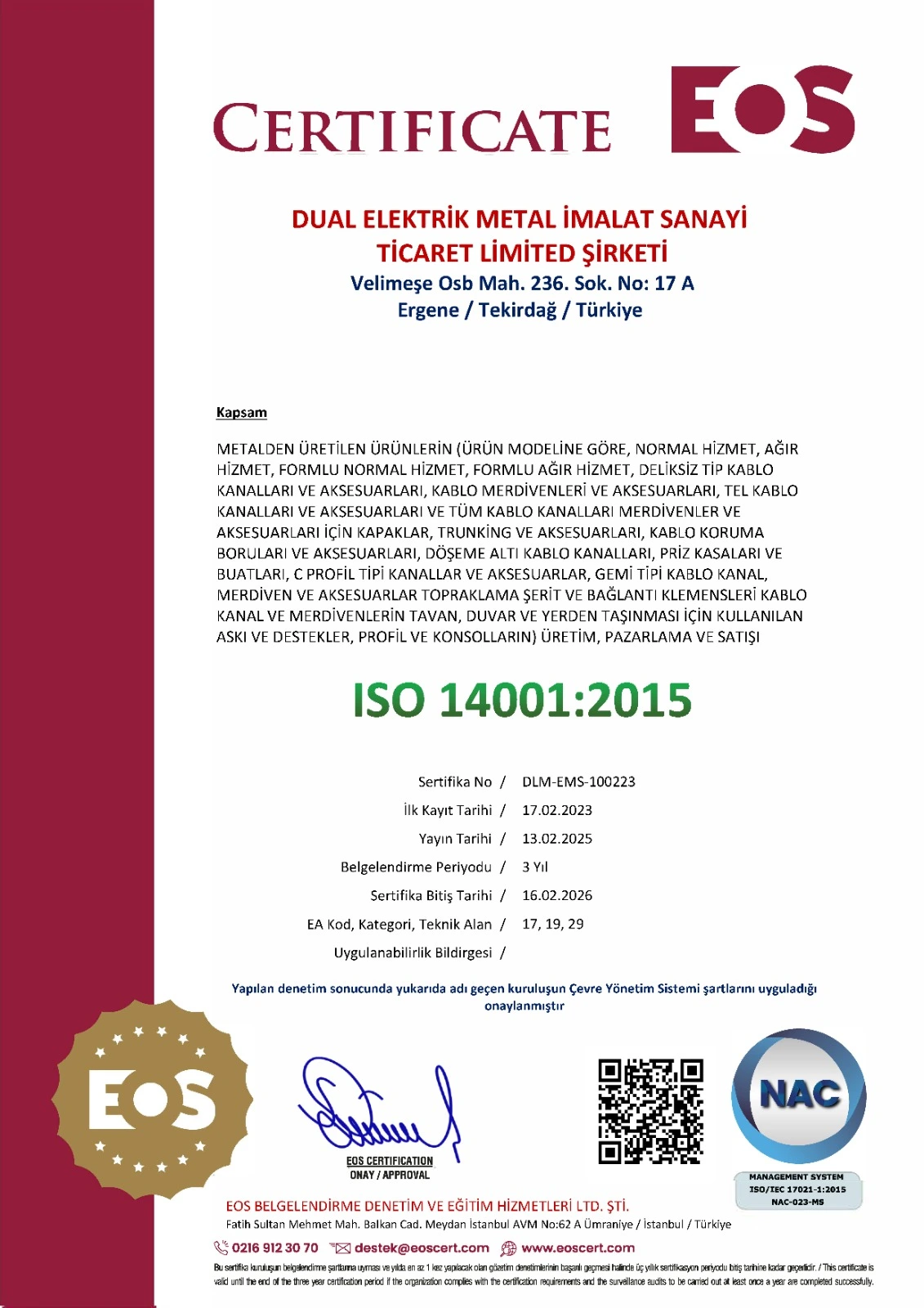Dual Metal ISO 14001 Sertifikası