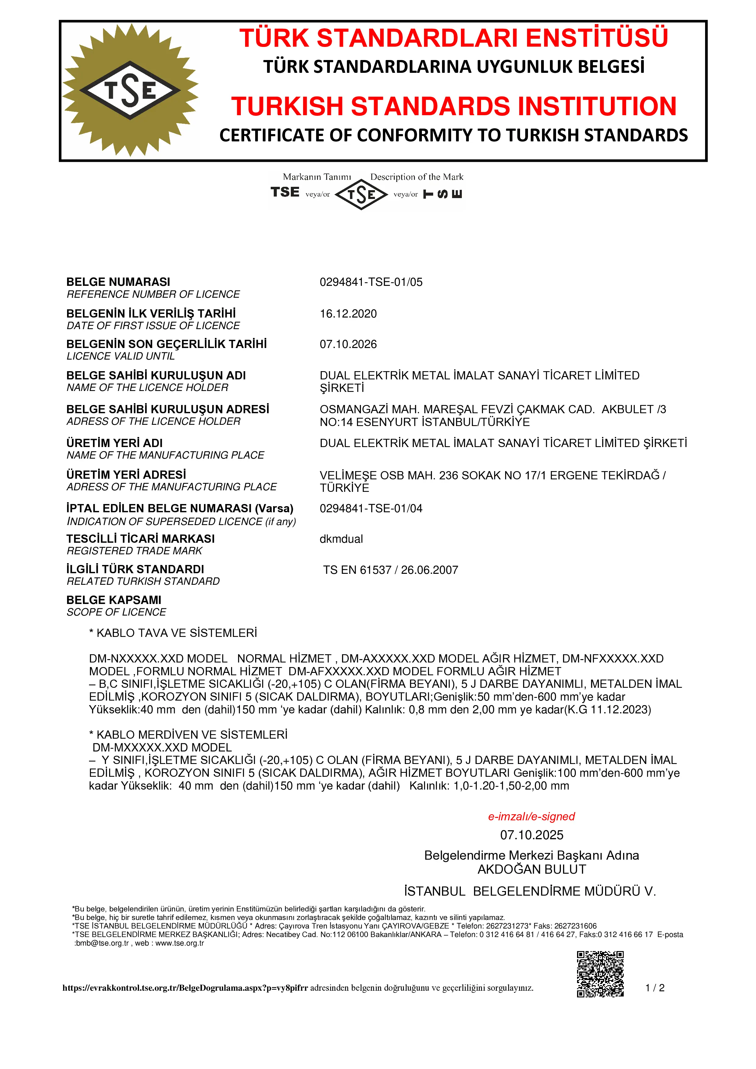 Dual Metal TSE Sertifikası