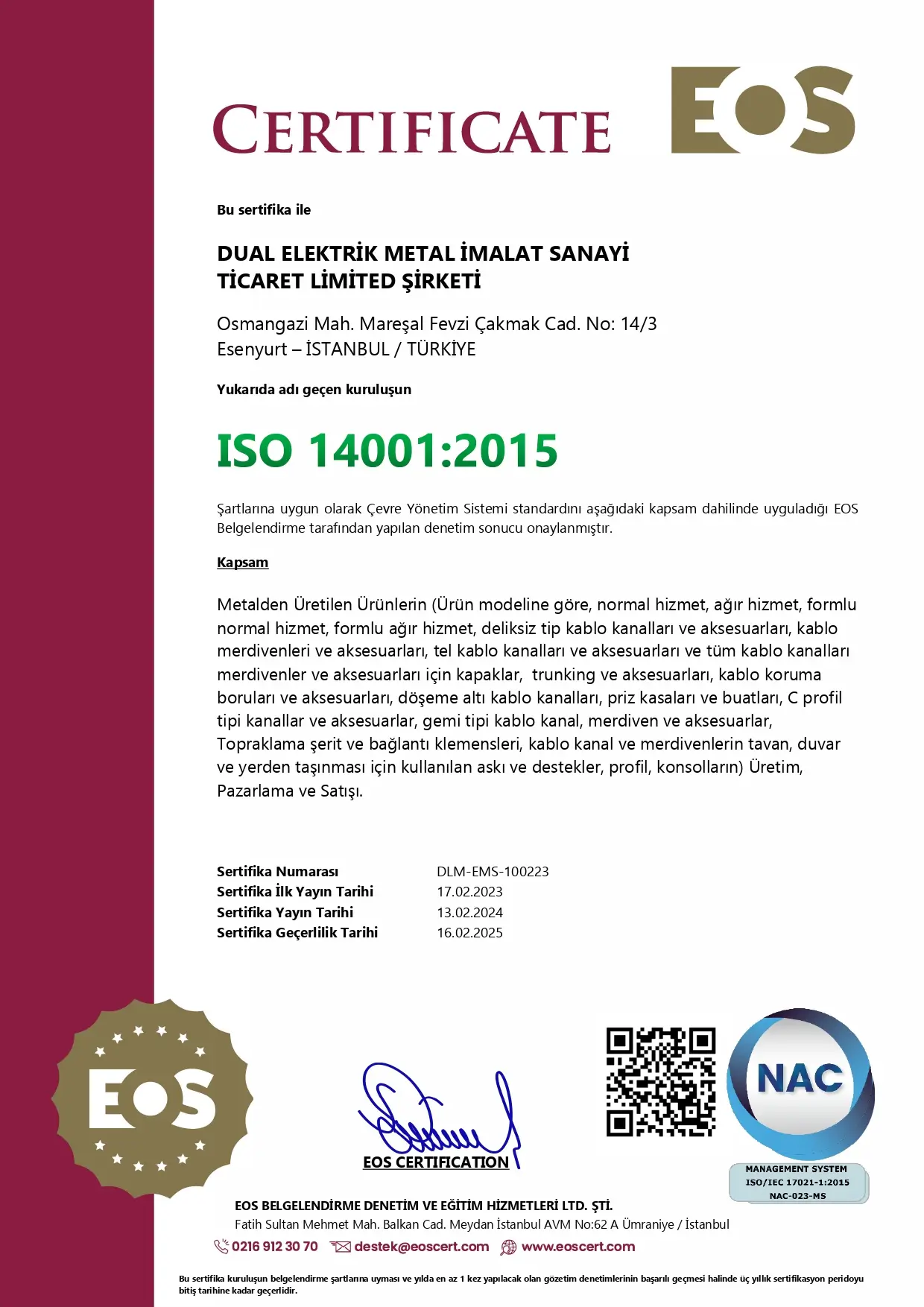 Dual Metal ISO 14001 Sertifikası