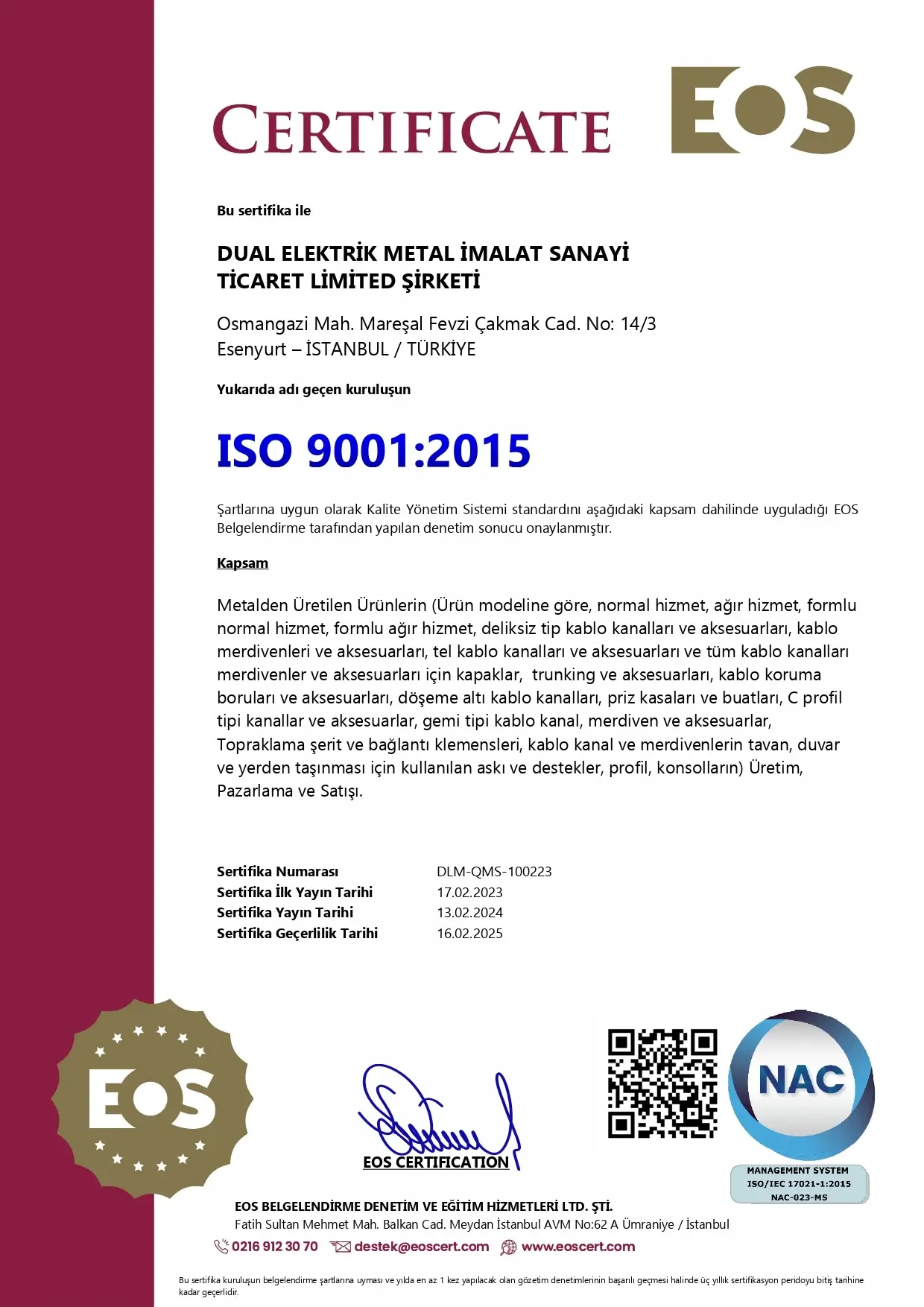 Dual Metal ISO 9001 Sertifikası
